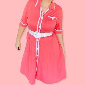 Vintage Caron coral dress white buttons belt pin up girl style size medium